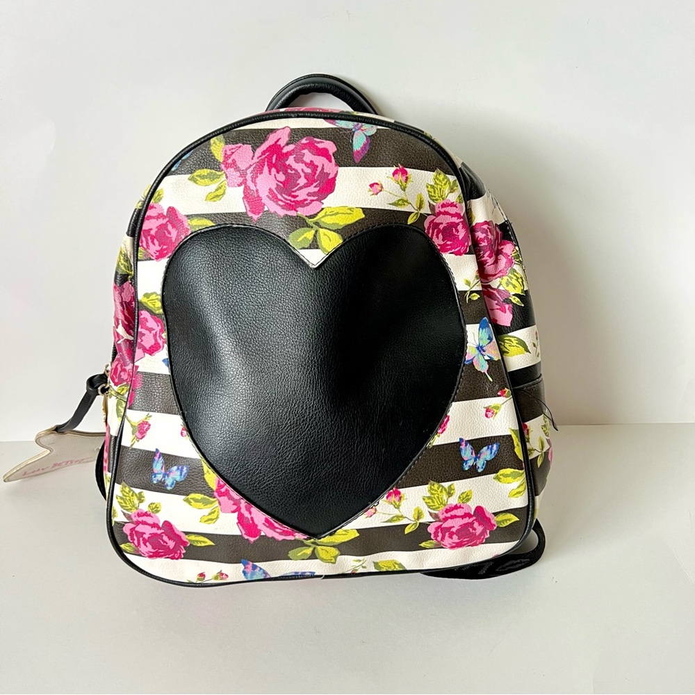 BETSEY JOHNSON Medium Striped Floral Heart Detail Backpack Purse